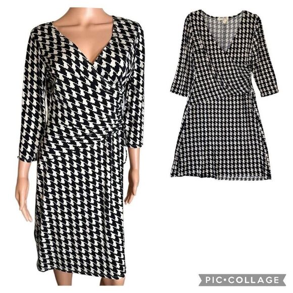 Eva-Picone Dress Flow Wrap Black Houndstooth Print 3/4 Sleeve V Neck Size 16 - Picture 1 of 10